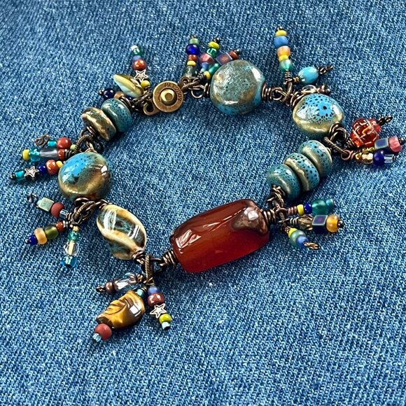 Handmade Carnelian Stone & Ceramic Charm Bracelet: Boho Eclectic Beaded Jewelry - Picture 6 of 8